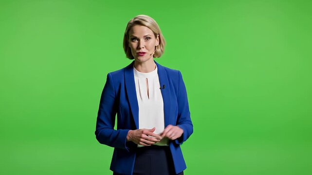 Professional Woman Presenter Talking on Green Screen - Gesturing and Explaining