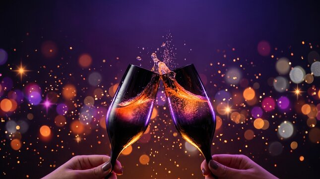 Champagne glasses clinking together with splashing golden liquid bubbles in hands against a dark background with festive colorful blurred bokeh lights for a holiday celebration