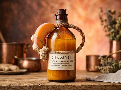 Ginger and peach flavored beverage in vintage amber glass bottle with beverage