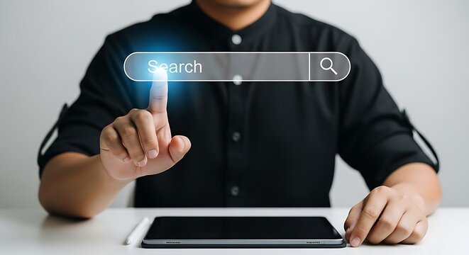 Person's finger touching a glowing search bar on a digital interface, tablet below searching internet