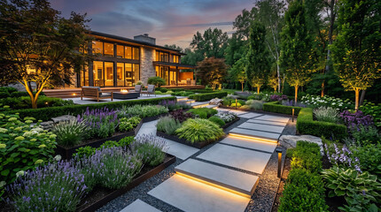 Obraz premium Premium modern landscape design with geometric concrete pathways, lush garden beds, and luxury house back yard at sunset