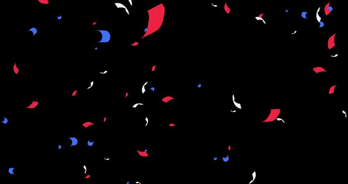 Red, white, blue glossy confetti flying on black. Celebration wit in colors of USA flag with separated alpha channel. Labor day. American Independence Day or President Day backdrop. 4k graphic motion