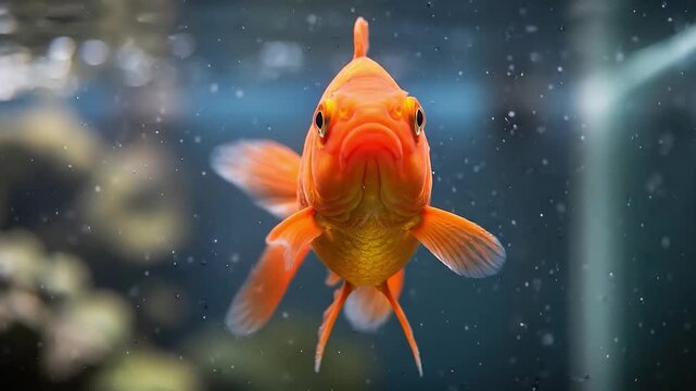 A close-up, front-facing view of a vibrant orange goldfish swimming.
