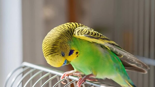 A bright green and yellow budgie perches on the edge of its cage.