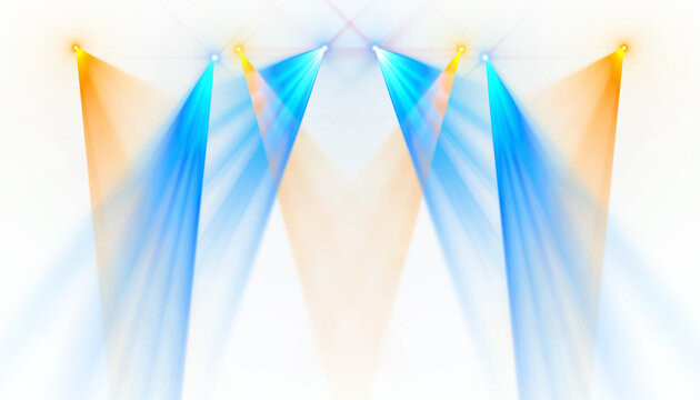 Abstract orange and blue spotlight beams effect background. Stage light rays overlay for poster, concert and event design.