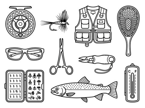 Fly fishing gear icons including reel, trout, fly box, and tools. Minimalist black line art for outdoor sport.