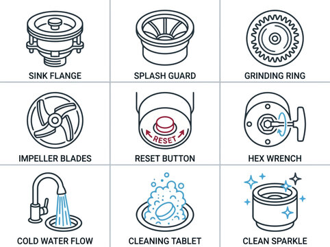 Garbage disposal instruction icon set featuring sink flange, impeller blades, and water flow.