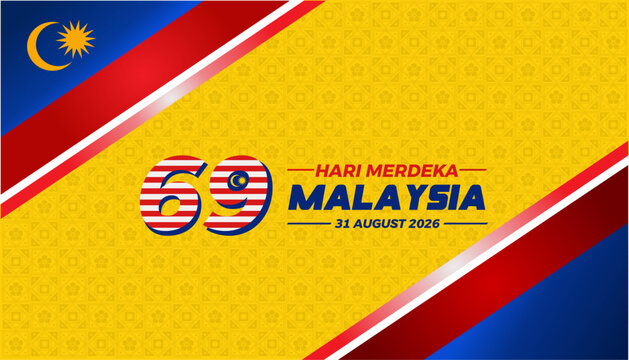 Elegant banner of 69th Malaysia Independence Day 2026 with Flag Color Gradient and National Flower Batik Pattern. Malaysia Hari Merdeka 2026 Banner, Background, Template, Poster and Greeting Card. 