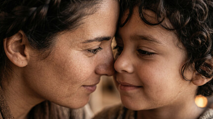 Obraz premium Woman kissing young child in ancient tent. Biblical family with mother, father and brother inside traditional dwelling. Historical scene of parents with children in ancient times lifestyle