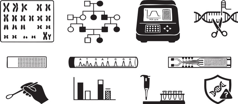 Genetics and DNA research icons set, 12 biotechnology laboratory vector elements, genomic science and heredity symbols