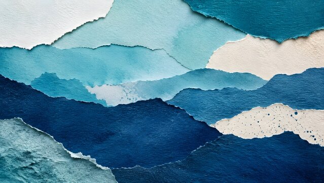 Abstract landscape made of torn blue and white paper layers