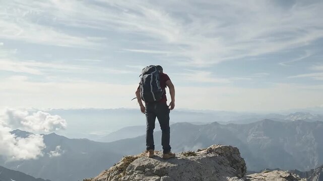 Hiker on a mountain peak with scenic view of rolling mountains and sky.