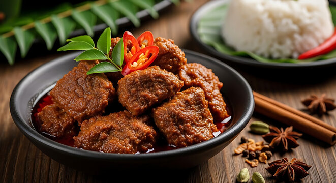 Beef rendang served in a dark ceramic bowl with fragrant spices and white rice on the side.