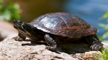Obraz premium A gentle turtle basks peacefully on a sunlit rock during a warm and sunny day
