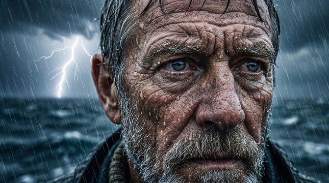 Rugged man braving a stormy sea with lightning striking in the background, evoking themes of resilience and the power of nature