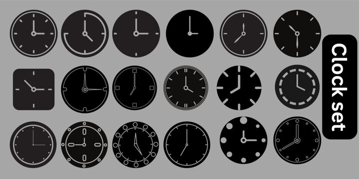 Black clock set vector illustration, diverse analog watch faces and circular time dials icons collection on dark background.
