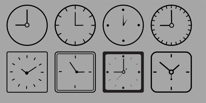Vintage and modern clock set vector illustration, round and square outline dial icons with frames for time management concepts.