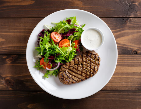 A beautifully presented grilled steak with a fresh salad and creamy sauce sits on a white plate against a rustic wooden background.