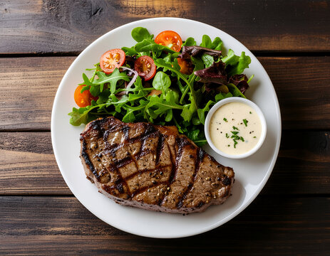 A top-down view showcases a perfectly grilled steak accompanied by a fresh salad and a creamy dipping sauce, presented on a white plate against a rustic wooden background.