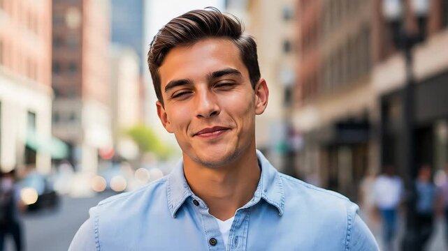 A young man smiles happily outdoors on a city street, dressed in casual attire.