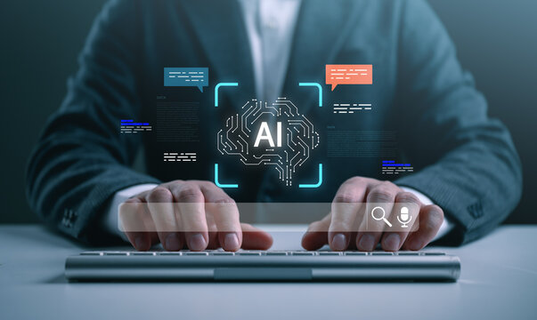 Business professional using AI-powered search interface with virtual chatbot and voice assistant on computer. Concept of artificial intelligence, machine learning, automation, smart technology.