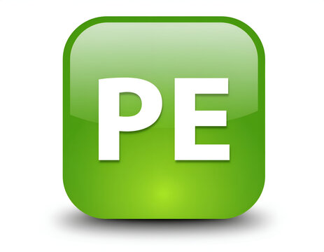 A vibrant green square button prominently displays the letters 'PE' in a clean, white sans-serif font, suggesting a digital interface element.