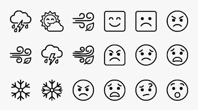 Elegant Black and White Weather and Emotion Icons Set for Visual Communication and Design Projects