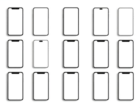 A grid of twelve modern smartphones with blank screens are neatly arranged against a clean white background, showcasing a variety of screen sizes and bezel designs.