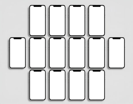 An arrangement of sixteen blank smartphone screens is displayed against a light gray background, presenting a clean and modern aesthetic for digital design mockups.