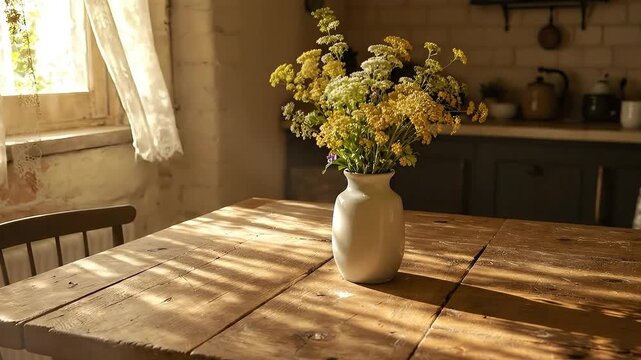 A vase of wildflowers sits on a rustic wooden table bathed in sunlight.