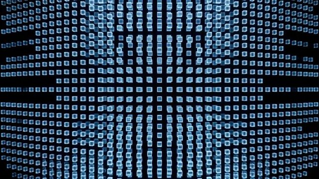 透明な空間で発光する結晶ブロックにカメラが急接近する物理シミュレーションCG