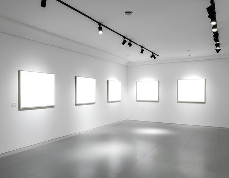 A minimalist art gallery interior showcases a row of empty white frames illuminated by track lighting, creating a clean and modern aesthetic.