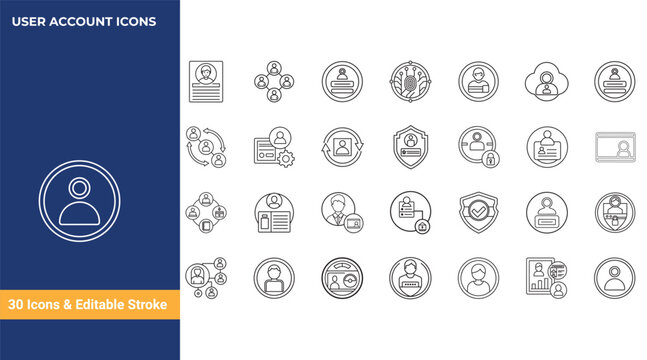 User profile icon pack containing profile, password, login, username, avatar, connect, add friend, remove friend, user group, settings, account security, verification, logout, edit profile, user lock,