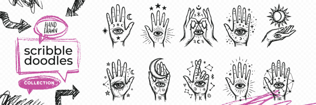 Black solid silhouette doodle vector set of esoteric palmistry hands hamsa eye of providence and magic symbols
