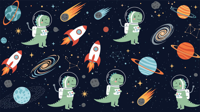 Fun and imaginative seamless pattern featuring cute dinosaurs in spacesuits rockets planets and stars in deep space.