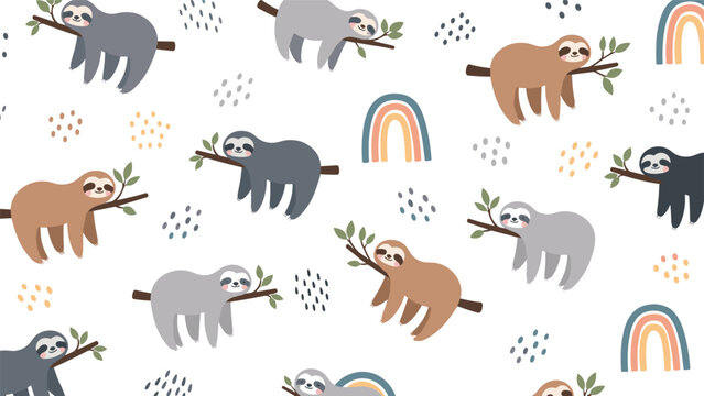 Adorable seamless pattern with cute sloths hanging from tree branches mixed with rainbows and colorful dots.