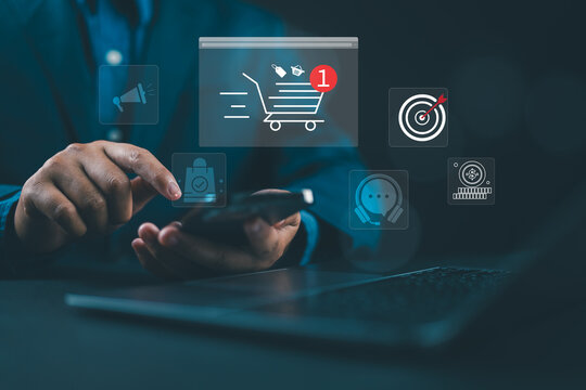 Businessman using smartphone with online shopping cart interface, digital commerce icons, and purchase notification, representing ecommerce transaction, mobile shopping, retail technology