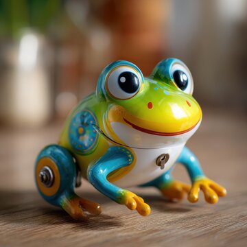 Colorful frog wind-up toy on a wooden desk, close-up photo