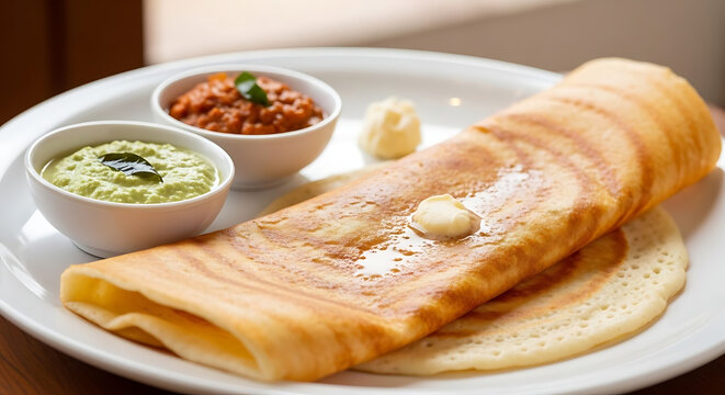 Dosa served on a white plate with coconut chutney and tomato relish for a traditional breakfast.