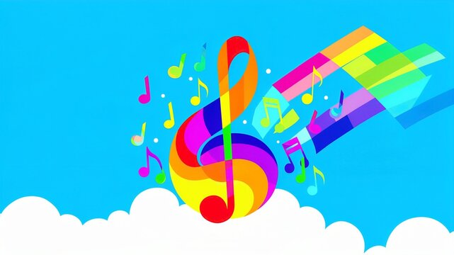 Colorful Treble Clef And Notes Above Clouds