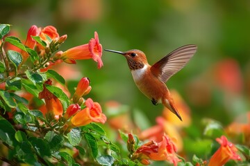 Obraz premium Delicate hummingbird feeding on vibrant trumpet vine blossoms in summer