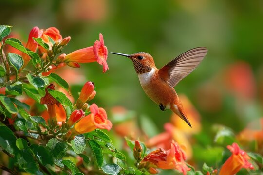 Delicate hummingbird feeding on vibrant trumpet vine blossoms in summer