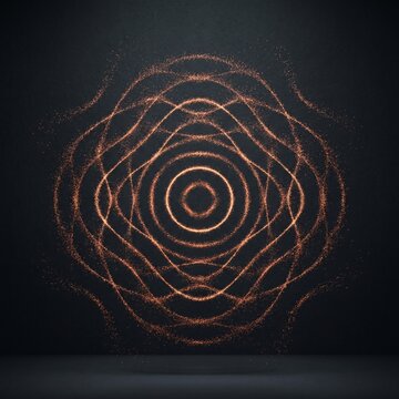 Glowing orange particle wave frequency and symmetrical cymatics pattern