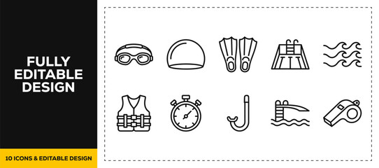 flat vector illustration line art icon bundle set design showcasing scuba diving water sports swim mask flippers oxygen tank ocean sea underwater exploration recreation © SQUISH