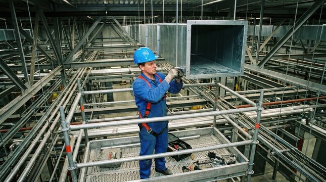 Construction worker installing hvac ductwork on scaffolding