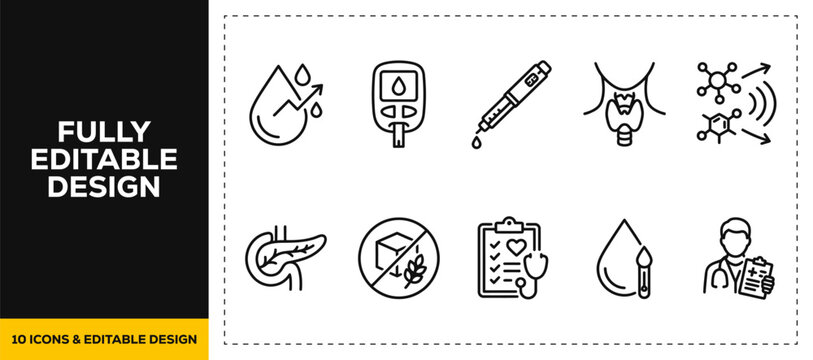 flat vector illustration line art icon bundle set design focusing on diabetes blood sugar test care glucometer insulin syringe monitor glucose drop health disease symbol