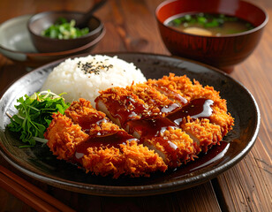 Fototapeta premium Delicious Japanese Chicken Katsu Curry Meal with Rice and Miso Soup.
