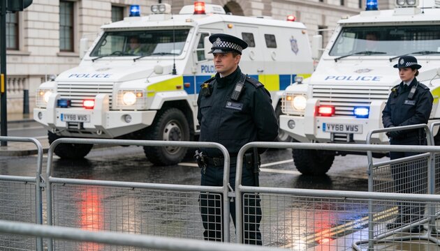 Standing cop center guarding wet street behind barriers, dark uniform, armored vans flashing lights