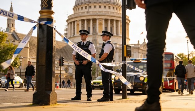 Standing police officers in uniform watching pedestrians outside domed cathedral, with cordon tape
