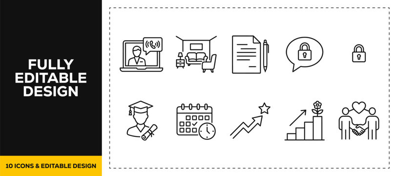 flat vector illustration line art icon bundle set design focusing on online education distance learn graduation cap diploma computer study internet course webinar school